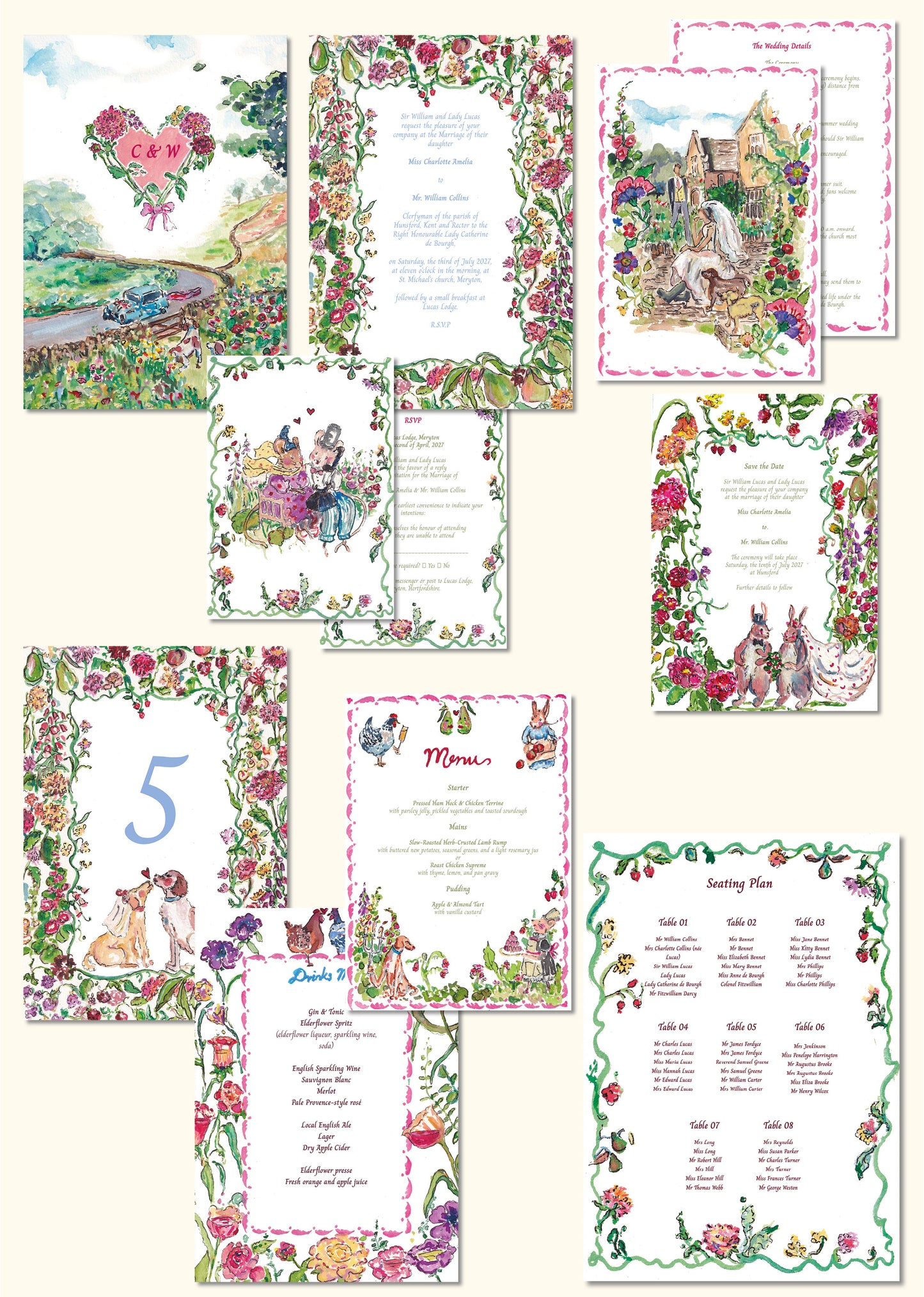 Hollyhocks at Hunsford Summer Wedding Stationery Template