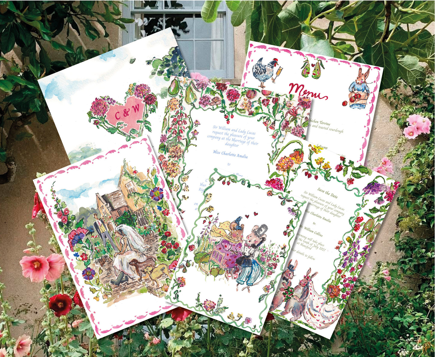 Hollyhocks at Hunsford Summer Wedding Stationery Template
