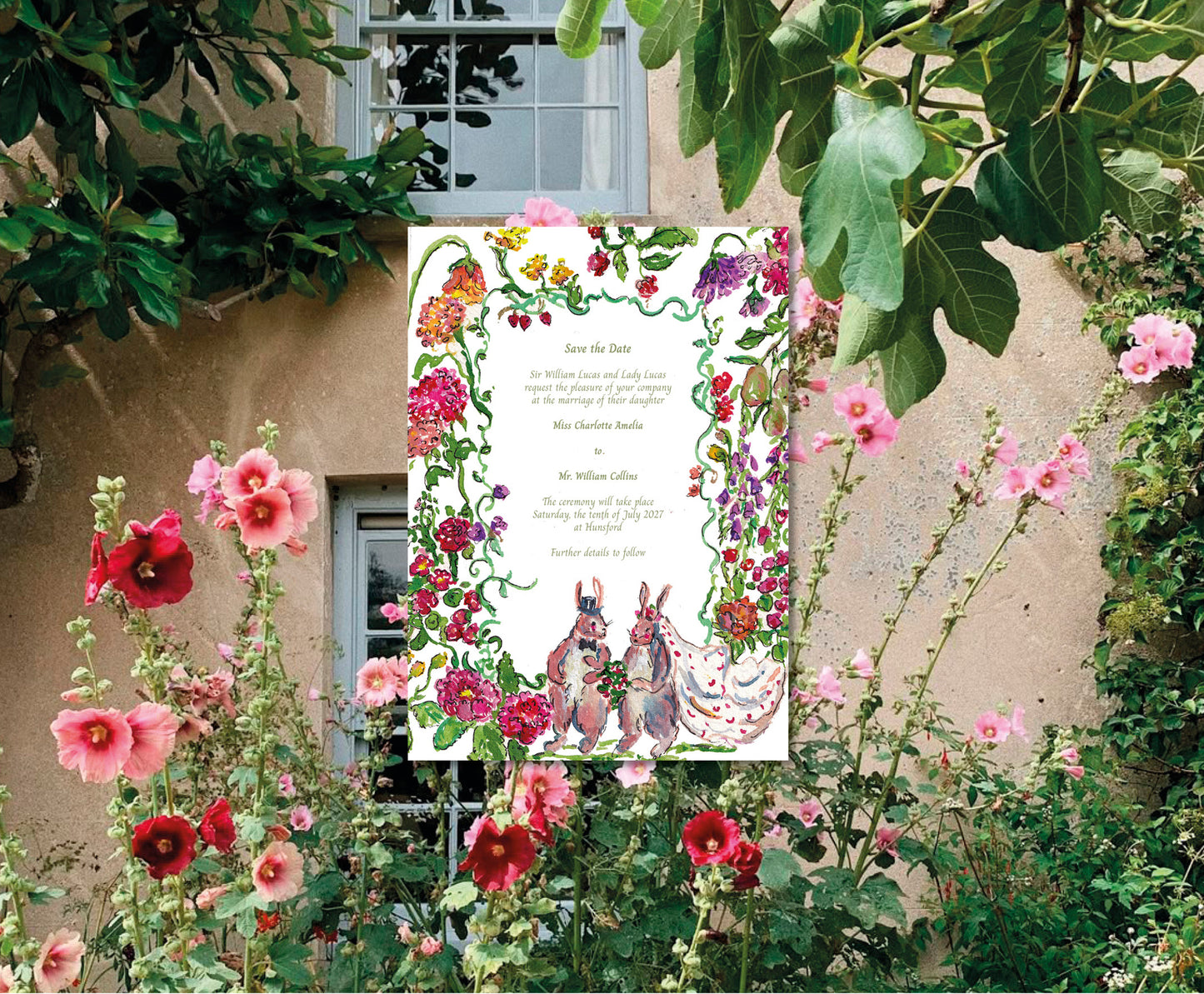 Hollyhocks at Hunsford Summer Wedding Stationery Template