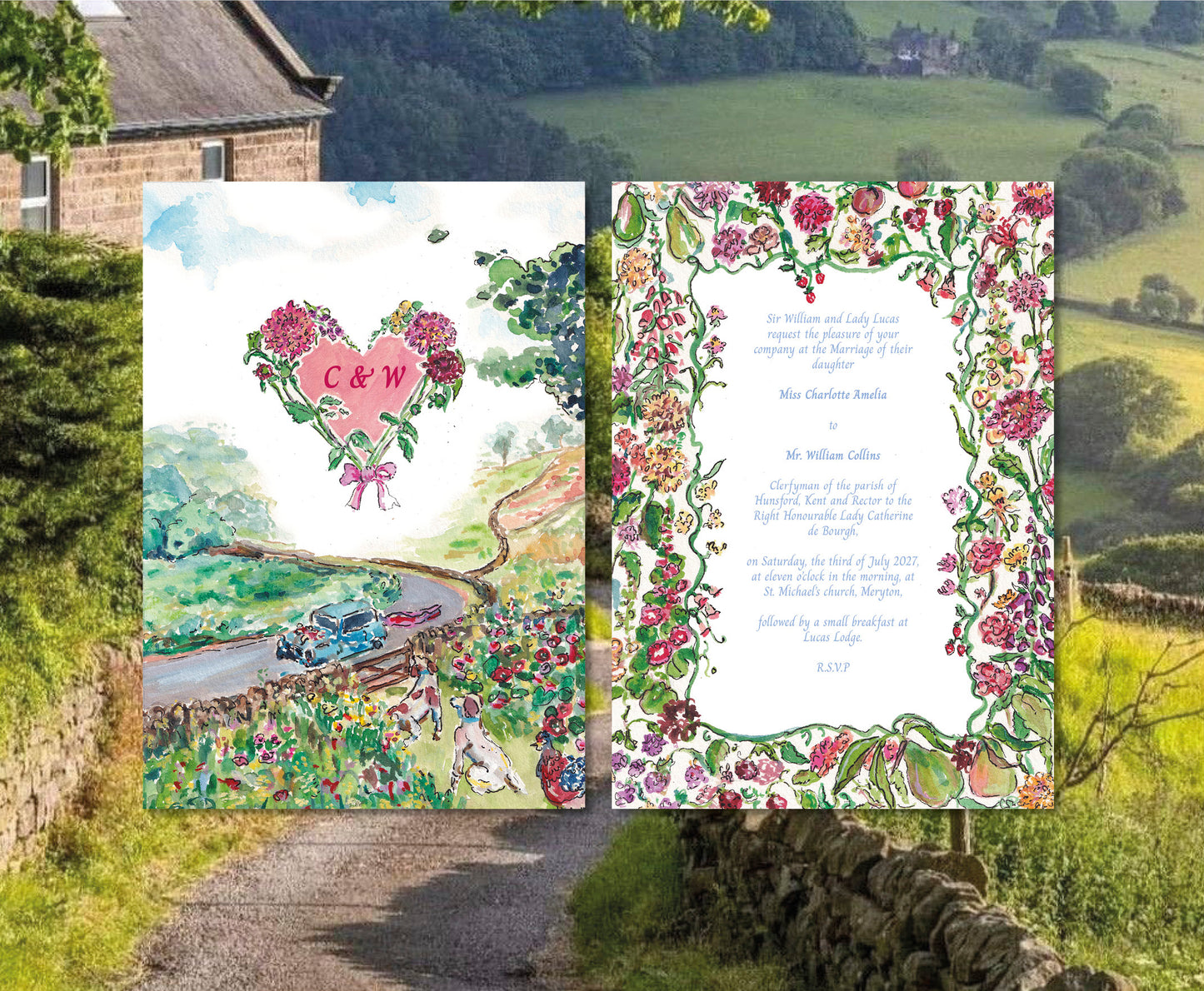 Hollyhocks at Hunsford Summer Wedding Stationery Template